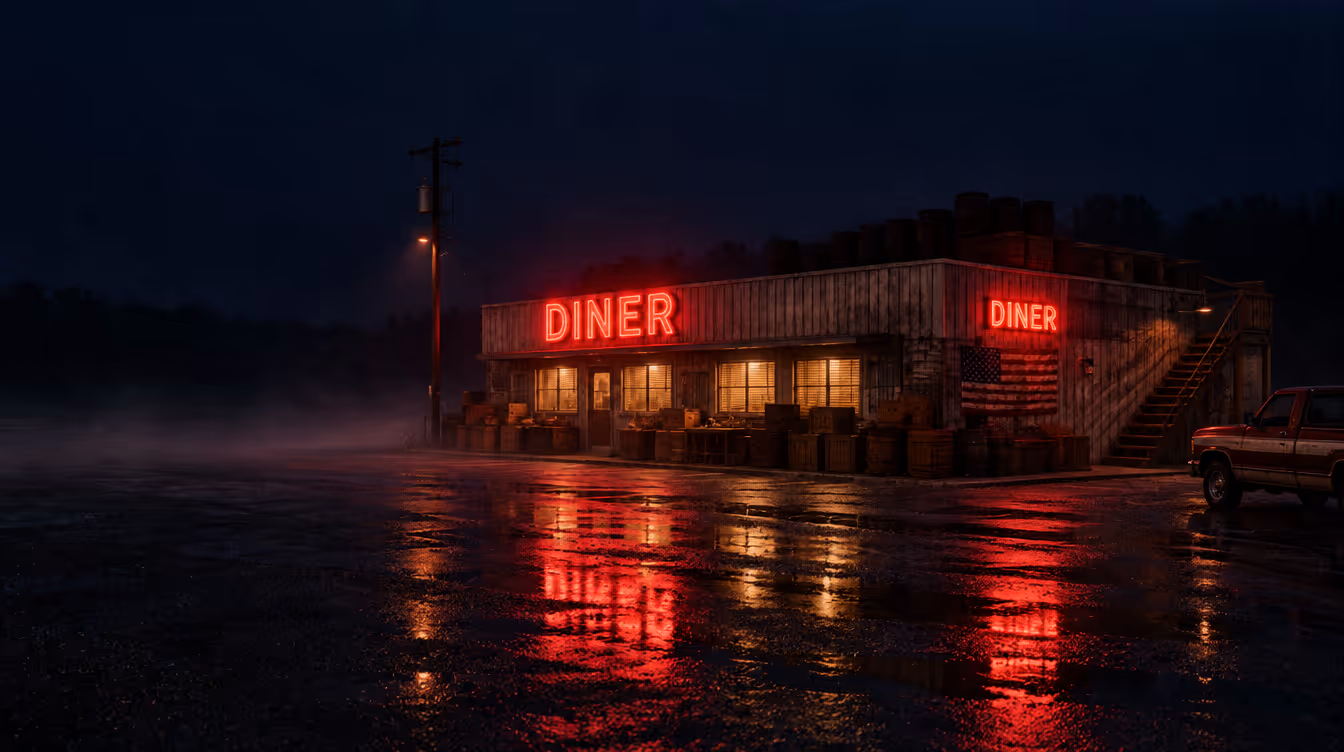 Ein Diner an der Landstraße in Knox County bei Nacht, rote Leuchtreklame über nassem Asphalt